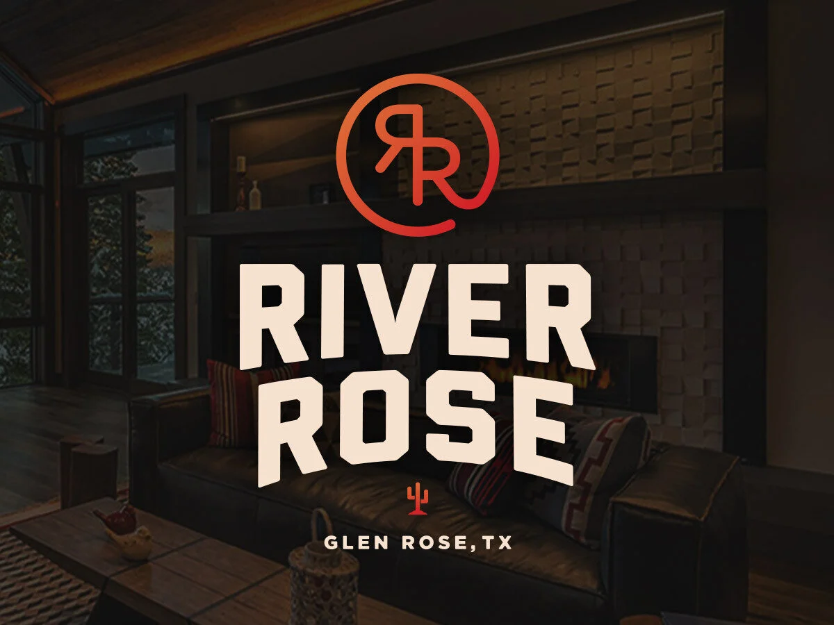 River Rose Ranch logo in a dark lodge interior